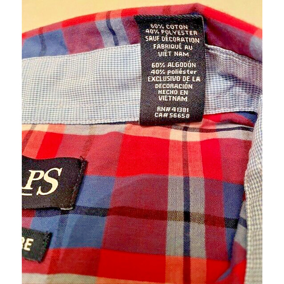 Chaps Men’s Easy Care Short Sleeve Shirt Size XL Red Blue Plaid Crest - Picture 5 of 8